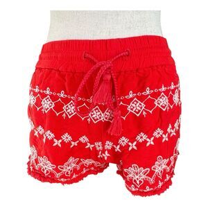 LOFT Red & White Linen Embroidered Shorts XXS